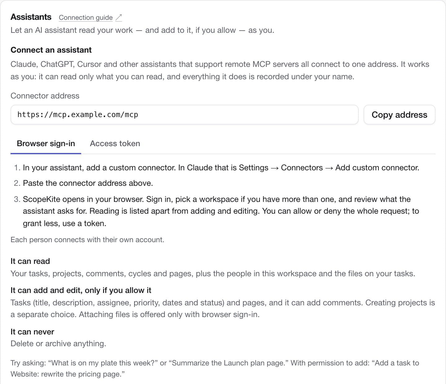 The Assistants section of workspace settings: a connector address to copy, two ways to connect, and a plain list of what an assistant can read, what it can add or edit only if allowed, and that it can never delete or archive.