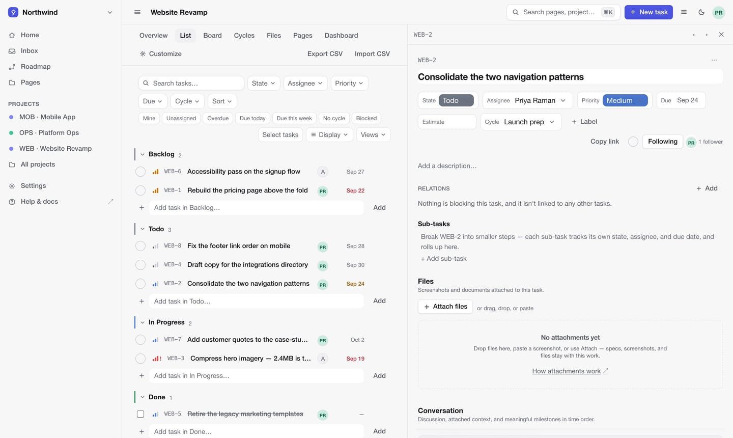 A task list on the left with one task open in a side pane on the right, showing state, assignee, priority, sub-tasks, files and a conversation.