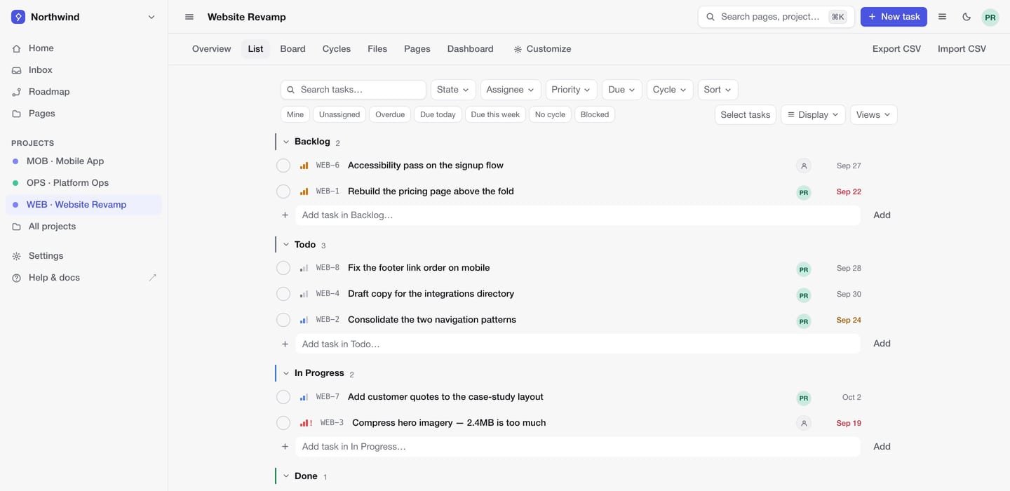 A project list in the default vocabulary: a New task button, a search box reading Search tasks, a Cycle filter, and rows grouped by state.