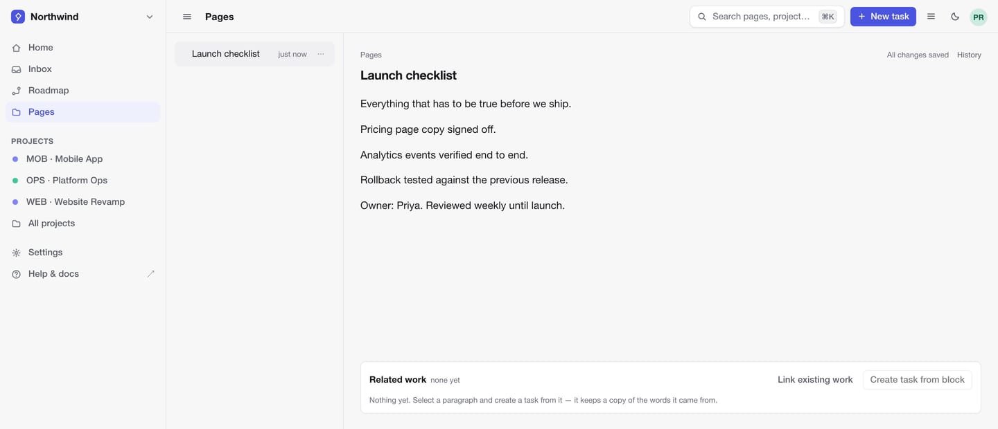 A knowledge page titled Launch checklist, open in the editor beside the page tree, with a short list of what must be true before shipping.